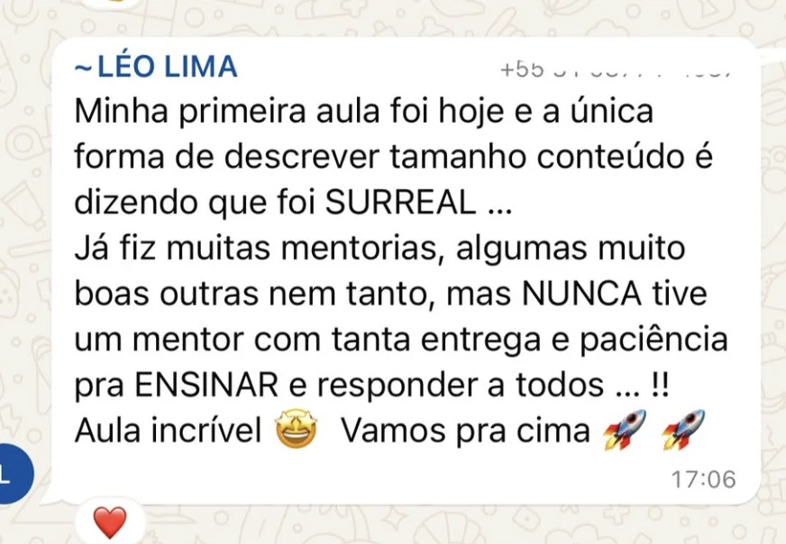 Léo Lima comenta o conteúdo e a atenção recebida na mentoria.