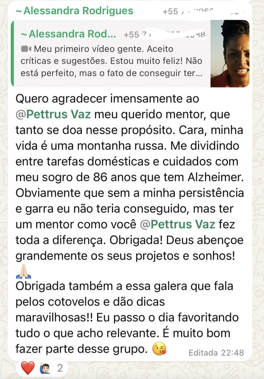 Alessandra agradece a mentoria após criar seu primeiro vídeo.